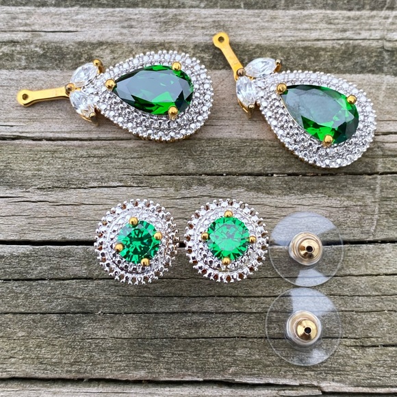 Emerald CZ drop earrings converts to studs or dangle halo gold tone - Picture 12 of 14